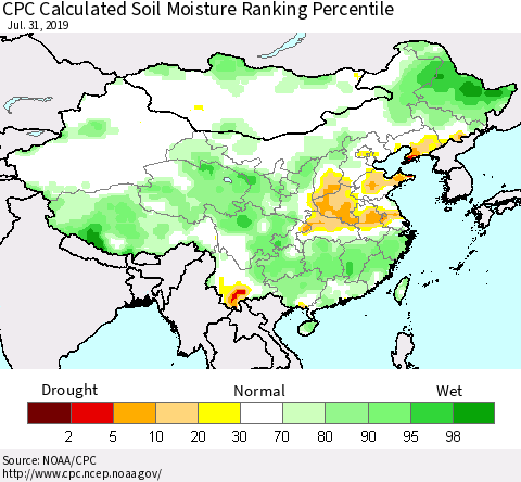China, Mongolia and Taiwan CPC Soil Moisture Ranking Percentile (Leaky Bucket) Thematic Map For 7/26/2019 - 7/31/2019