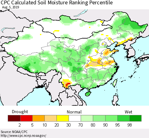 China, Mongolia and Taiwan CPC Soil Moisture Ranking Percentile (Leaky Bucket) Thematic Map For 8/1/2019 - 8/5/2019