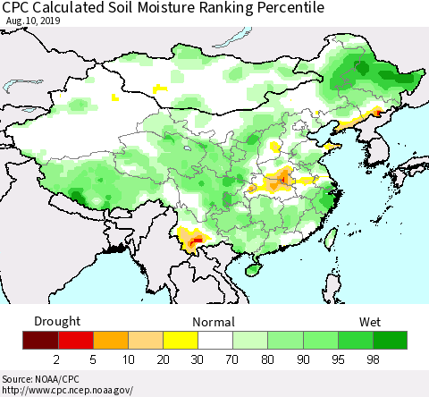 China, Mongolia and Taiwan CPC Soil Moisture Ranking Percentile (Leaky Bucket) Thematic Map For 8/6/2019 - 8/10/2019