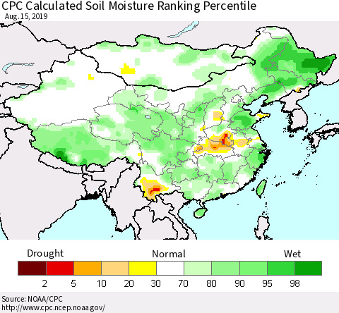 China, Mongolia and Taiwan CPC Soil Moisture Ranking Percentile (Leaky Bucket) Thematic Map For 8/11/2019 - 8/15/2019