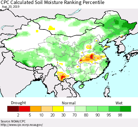 China, Mongolia and Taiwan CPC Soil Moisture Ranking Percentile (Leaky Bucket) Thematic Map For 8/16/2019 - 8/20/2019