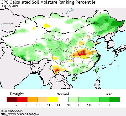 China, Mongolia and Taiwan CPC Soil Moisture Ranking Percentile (Leaky Bucket) Thematic Map For 8/21/2019 - 8/25/2019