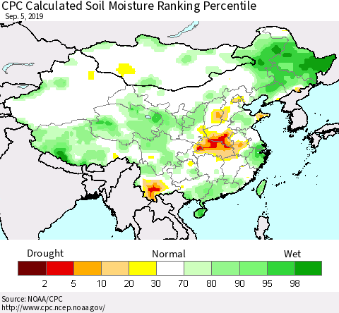 China, Mongolia and Taiwan CPC Soil Moisture Ranking Percentile (Leaky Bucket) Thematic Map For 9/1/2019 - 9/5/2019