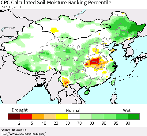 China, Mongolia and Taiwan CPC Soil Moisture Ranking Percentile (Leaky Bucket) Thematic Map For 9/6/2019 - 9/10/2019
