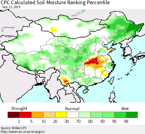 China, Mongolia and Taiwan CPC Soil Moisture Ranking Percentile (Leaky Bucket) Thematic Map For 9/11/2019 - 9/15/2019