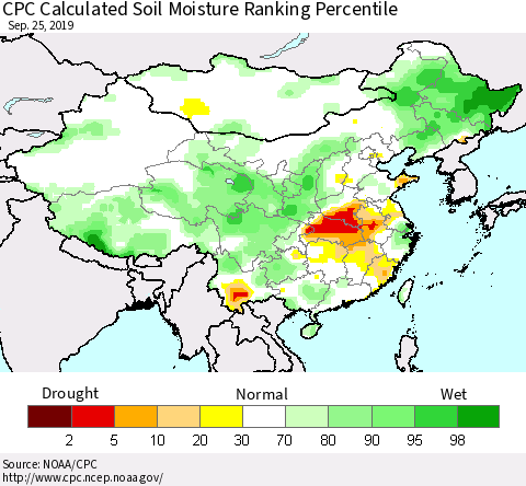 China, Mongolia and Taiwan CPC Soil Moisture Ranking Percentile (Leaky Bucket) Thematic Map For 9/21/2019 - 9/25/2019