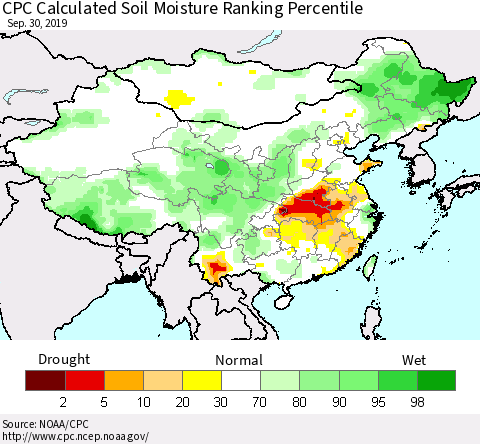 China, Mongolia and Taiwan CPC Soil Moisture Ranking Percentile (Leaky Bucket) Thematic Map For 9/26/2019 - 9/30/2019