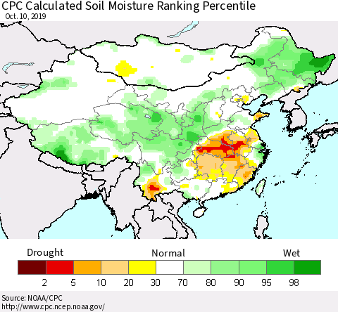 China, Mongolia and Taiwan CPC Soil Moisture Ranking Percentile (Leaky Bucket) Thematic Map For 10/6/2019 - 10/10/2019