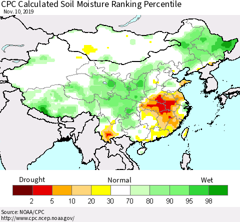 China, Mongolia and Taiwan CPC Soil Moisture Ranking Percentile (Leaky Bucket) Thematic Map For 11/6/2019 - 11/10/2019