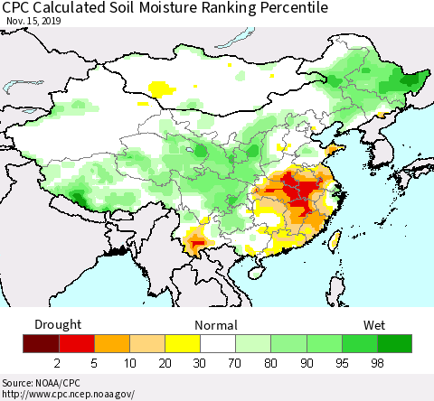 China, Mongolia and Taiwan CPC Soil Moisture Ranking Percentile (Leaky Bucket) Thematic Map For 11/11/2019 - 11/15/2019