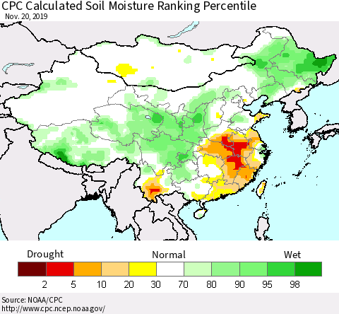 China, Mongolia and Taiwan CPC Soil Moisture Ranking Percentile (Leaky Bucket) Thematic Map For 11/16/2019 - 11/20/2019