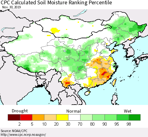 China, Mongolia and Taiwan CPC Soil Moisture Ranking Percentile (Leaky Bucket) Thematic Map For 11/26/2019 - 11/30/2019