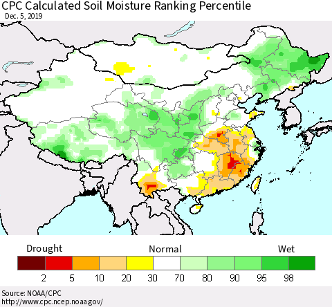 China, Mongolia and Taiwan CPC Soil Moisture Ranking Percentile (Leaky Bucket) Thematic Map For 12/1/2019 - 12/5/2019