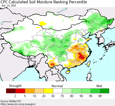 China, Mongolia and Taiwan CPC Soil Moisture Ranking Percentile (Leaky Bucket) Thematic Map For 12/6/2019 - 12/10/2019