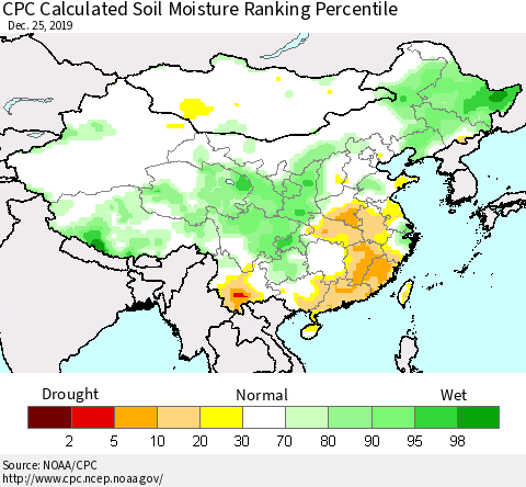 China, Mongolia and Taiwan CPC Soil Moisture Ranking Percentile (Leaky Bucket) Thematic Map For 12/21/2019 - 12/25/2019