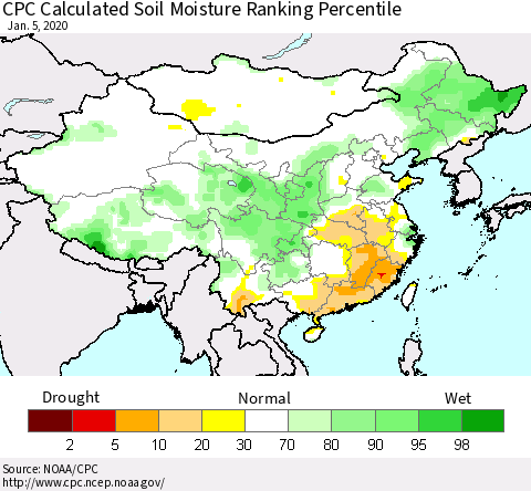 China, Mongolia and Taiwan CPC Soil Moisture Ranking Percentile (Leaky Bucket) Thematic Map For 1/1/2020 - 1/5/2020