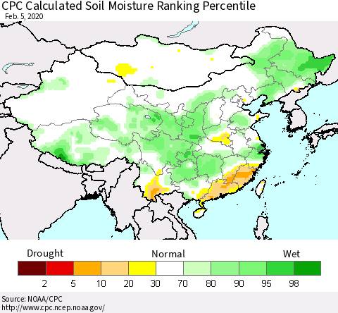 China, Mongolia and Taiwan CPC Soil Moisture Ranking Percentile (Leaky Bucket) Thematic Map For 2/1/2020 - 2/5/2020