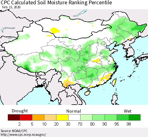 China, Mongolia and Taiwan CPC Soil Moisture Ranking Percentile (Leaky Bucket) Thematic Map For 2/11/2020 - 2/15/2020