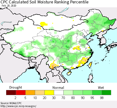 China, Mongolia and Taiwan CPC Soil Moisture Ranking Percentile (Leaky Bucket) Thematic Map For 2/16/2020 - 2/20/2020