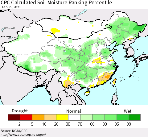 China, Mongolia and Taiwan CPC Soil Moisture Ranking Percentile (Leaky Bucket) Thematic Map For 2/21/2020 - 2/25/2020