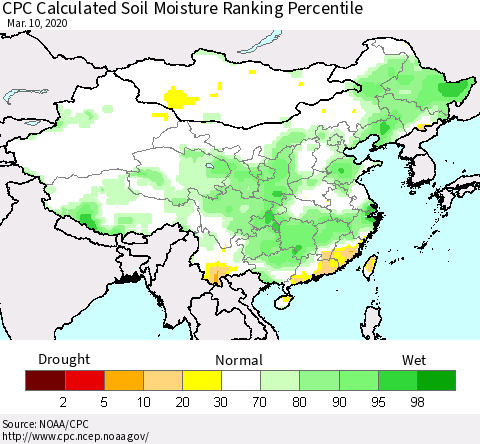 China, Mongolia and Taiwan CPC Soil Moisture Ranking Percentile (Leaky Bucket) Thematic Map For 3/6/2020 - 3/10/2020