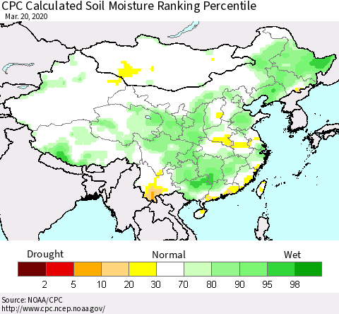 China, Mongolia and Taiwan CPC Soil Moisture Ranking Percentile (Leaky Bucket) Thematic Map For 3/16/2020 - 3/20/2020