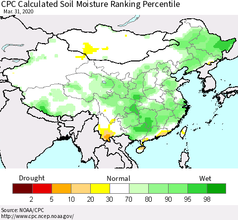 China, Mongolia and Taiwan CPC Soil Moisture Ranking Percentile (Leaky Bucket) Thematic Map For 3/26/2020 - 3/31/2020