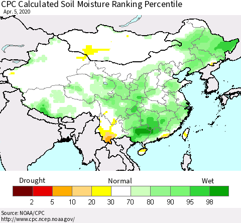 China, Mongolia and Taiwan CPC Soil Moisture Ranking Percentile (Leaky Bucket) Thematic Map For 4/1/2020 - 4/5/2020