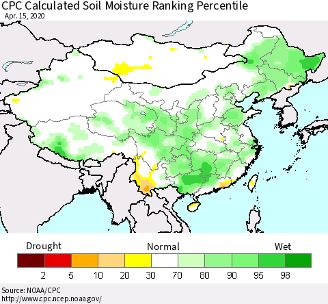 China, Mongolia and Taiwan CPC Soil Moisture Ranking Percentile (Leaky Bucket) Thematic Map For 4/11/2020 - 4/15/2020