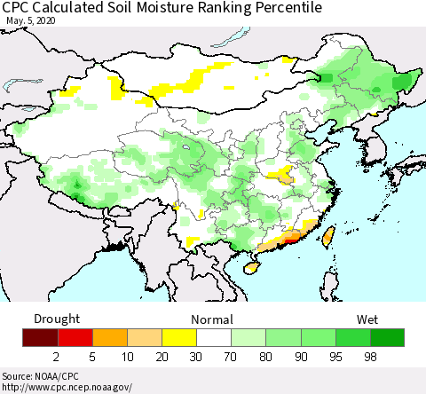 China, Mongolia and Taiwan CPC Soil Moisture Ranking Percentile (Leaky Bucket) Thematic Map For 5/1/2020 - 5/5/2020