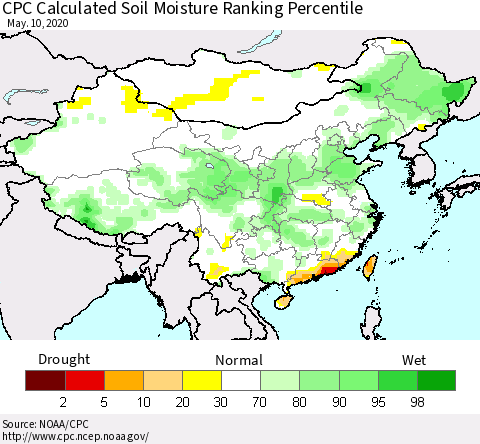 China, Mongolia and Taiwan CPC Soil Moisture Ranking Percentile (Leaky Bucket) Thematic Map For 5/6/2020 - 5/10/2020