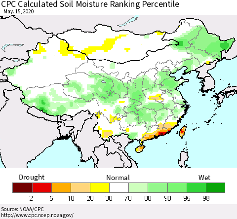 China, Mongolia and Taiwan CPC Soil Moisture Ranking Percentile (Leaky Bucket) Thematic Map For 5/11/2020 - 5/15/2020