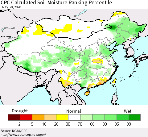 China, Mongolia and Taiwan CPC Soil Moisture Ranking Percentile (Leaky Bucket) Thematic Map For 5/16/2020 - 5/20/2020