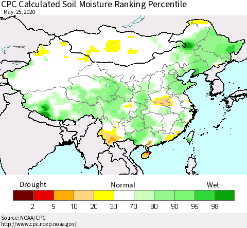 China, Mongolia and Taiwan CPC Soil Moisture Ranking Percentile (Leaky Bucket) Thematic Map For 5/21/2020 - 5/25/2020