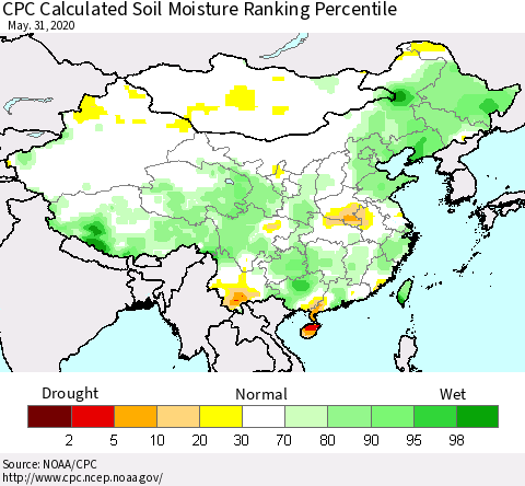 China, Mongolia and Taiwan CPC Soil Moisture Ranking Percentile (Leaky Bucket) Thematic Map For 5/26/2020 - 5/31/2020