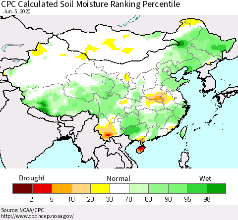 China, Mongolia and Taiwan CPC Soil Moisture Ranking Percentile (Leaky Bucket) Thematic Map For 6/1/2020 - 6/5/2020