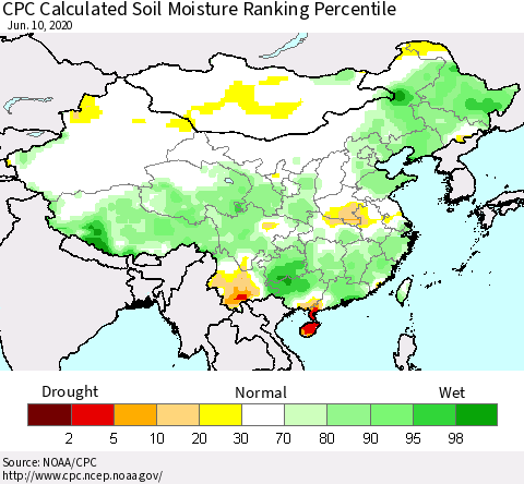 China, Mongolia and Taiwan CPC Soil Moisture Ranking Percentile (Leaky Bucket) Thematic Map For 6/6/2020 - 6/10/2020