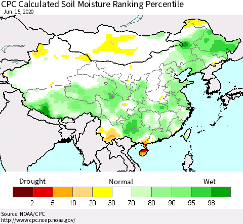China, Mongolia and Taiwan CPC Soil Moisture Ranking Percentile (Leaky Bucket) Thematic Map For 6/11/2020 - 6/15/2020