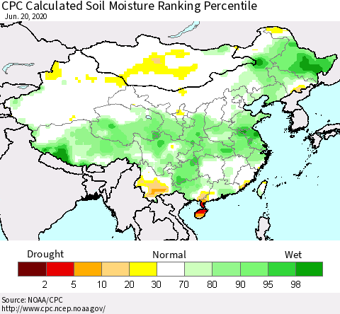 China, Mongolia and Taiwan CPC Soil Moisture Ranking Percentile (Leaky Bucket) Thematic Map For 6/16/2020 - 6/20/2020