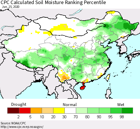 China, Mongolia and Taiwan CPC Soil Moisture Ranking Percentile (Leaky Bucket) Thematic Map For 6/21/2020 - 6/25/2020