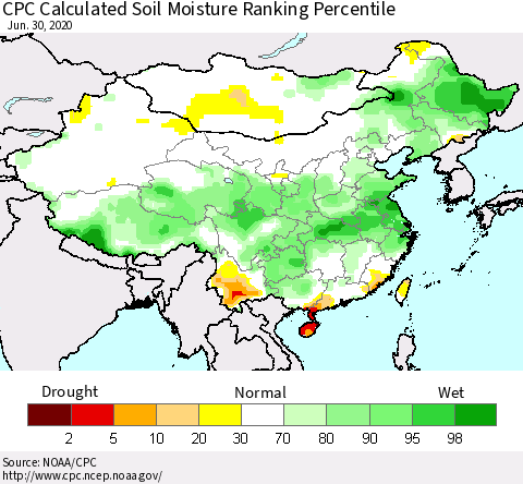 China, Mongolia and Taiwan CPC Soil Moisture Ranking Percentile (Leaky Bucket) Thematic Map For 6/26/2020 - 6/30/2020