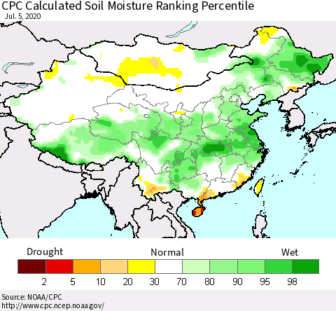 China, Mongolia and Taiwan CPC Soil Moisture Ranking Percentile (Leaky Bucket) Thematic Map For 7/1/2020 - 7/5/2020