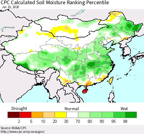 China, Mongolia and Taiwan CPC Soil Moisture Ranking Percentile (Leaky Bucket) Thematic Map For 7/6/2020 - 7/10/2020