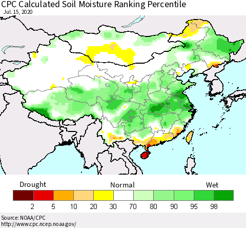 China, Mongolia and Taiwan CPC Soil Moisture Ranking Percentile (Leaky Bucket) Thematic Map For 7/11/2020 - 7/15/2020