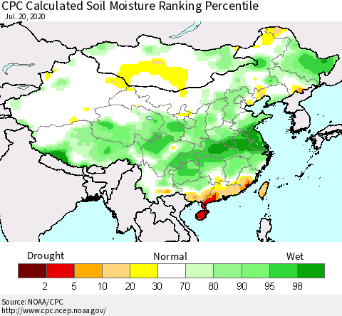 China, Mongolia and Taiwan CPC Soil Moisture Ranking Percentile (Leaky Bucket) Thematic Map For 7/16/2020 - 7/20/2020