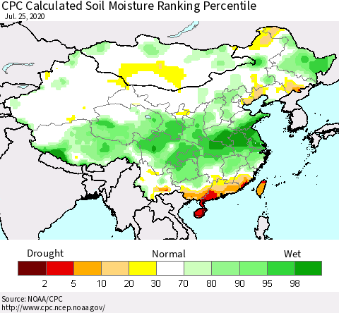 China, Mongolia and Taiwan CPC Soil Moisture Ranking Percentile (Leaky Bucket) Thematic Map For 7/21/2020 - 7/25/2020
