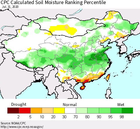 China, Mongolia and Taiwan CPC Soil Moisture Ranking Percentile (Leaky Bucket) Thematic Map For 7/26/2020 - 7/31/2020