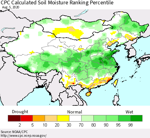 China, Mongolia and Taiwan CPC Soil Moisture Ranking Percentile (Leaky Bucket) Thematic Map For 8/1/2020 - 8/5/2020
