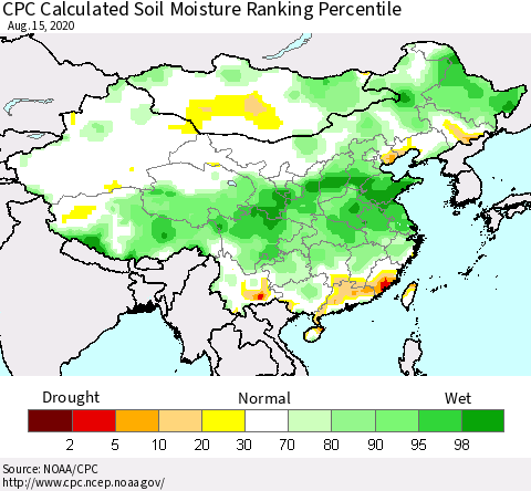 China, Mongolia and Taiwan CPC Soil Moisture Ranking Percentile (Leaky Bucket) Thematic Map For 8/11/2020 - 8/15/2020