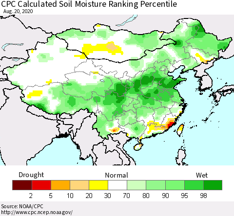 China, Mongolia and Taiwan CPC Soil Moisture Ranking Percentile (Leaky Bucket) Thematic Map For 8/16/2020 - 8/20/2020